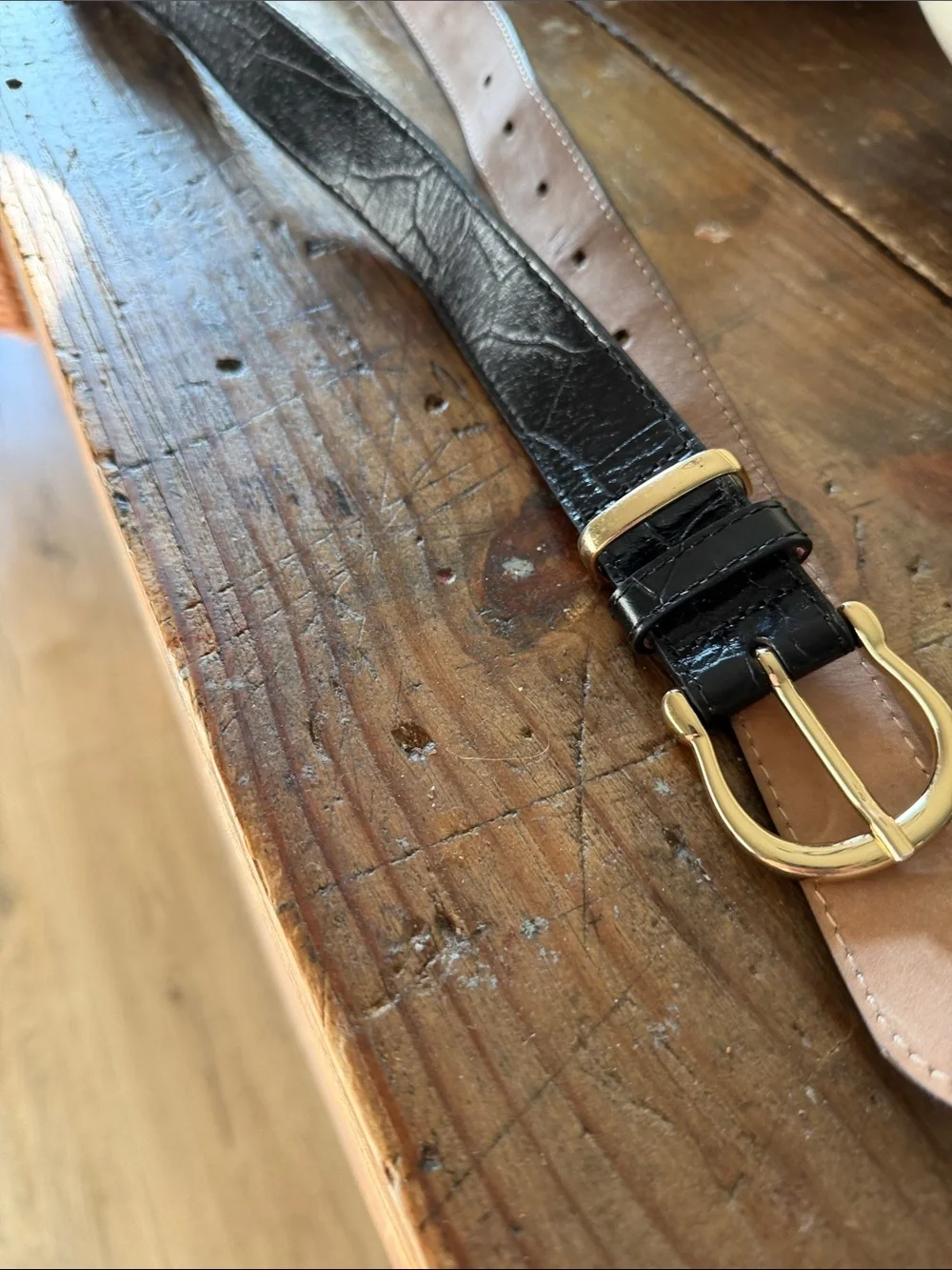 & Other Stories Black Croc-Embossed Leather Belt with Gold Buckle